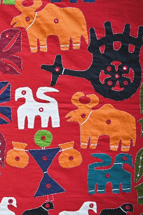 Okhai Maroon Village Themed Applique and Mirrorwork Wall Hanging