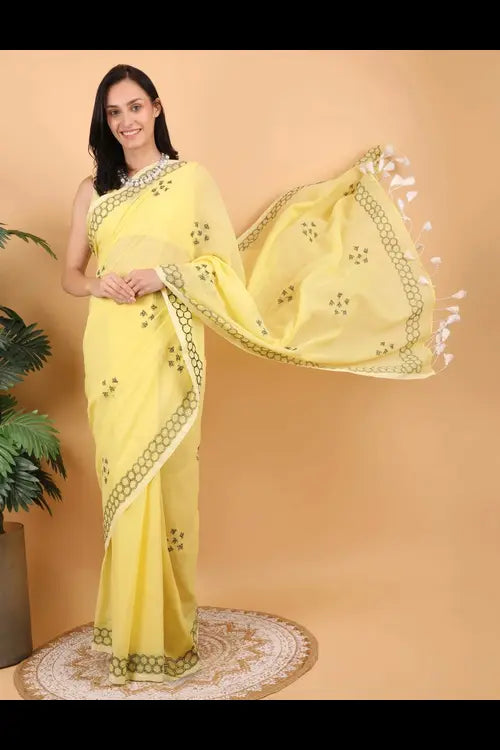 Shwet Women Yellow  Hand Embroidered Chikankari  Mulmul Saree