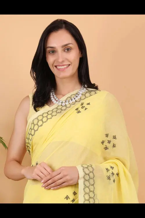 Shwet Women Yellow  Hand Embroidered Chikankari  Mulmul Saree