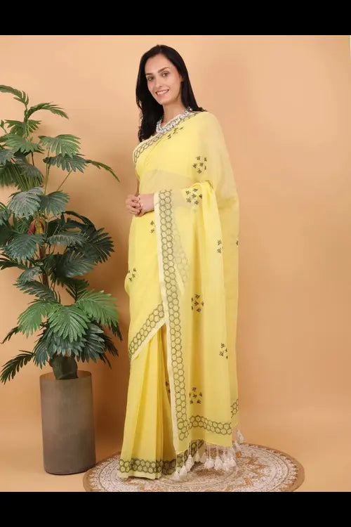 Shwet Women Yellow  Hand Embroidered Chikankari  Mulmul Saree