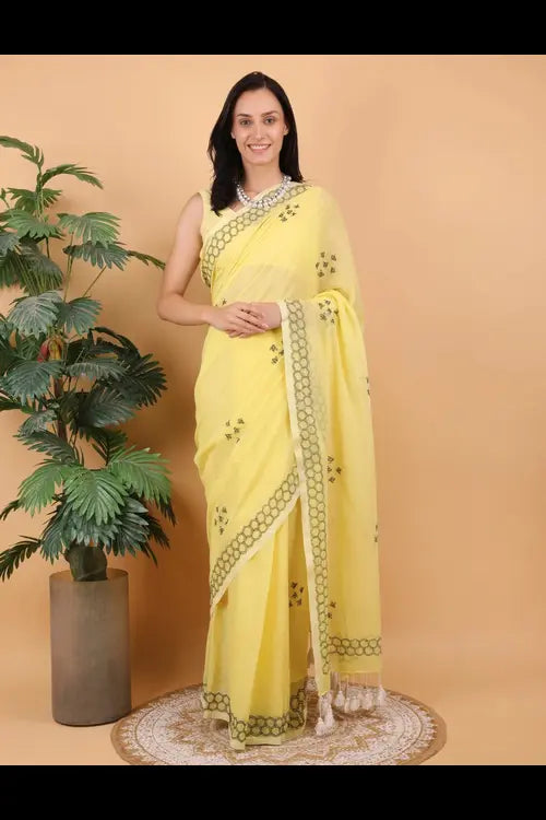 Shwet Women Yellow  Hand Embroidered Chikankari  Mulmul Saree