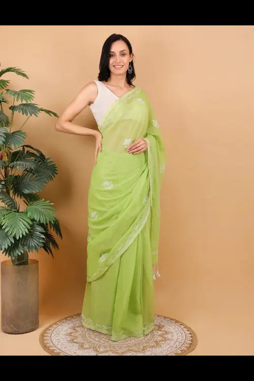 Shwet Women Green Hand Embroidered Chikankari  Mulmul Saree