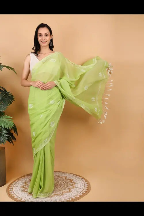 Shwet Women Green Hand Embroidered Chikankari  Mulmul Saree
