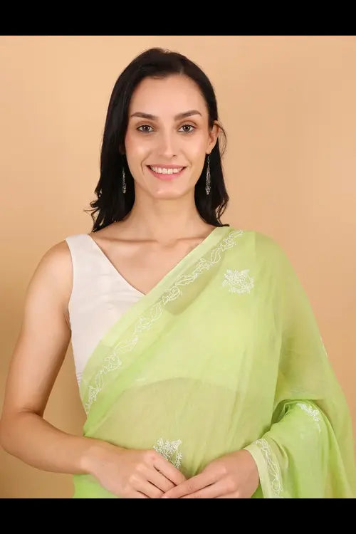Shwet Women Green Hand Embroidered Chikankari  Mulmul Saree