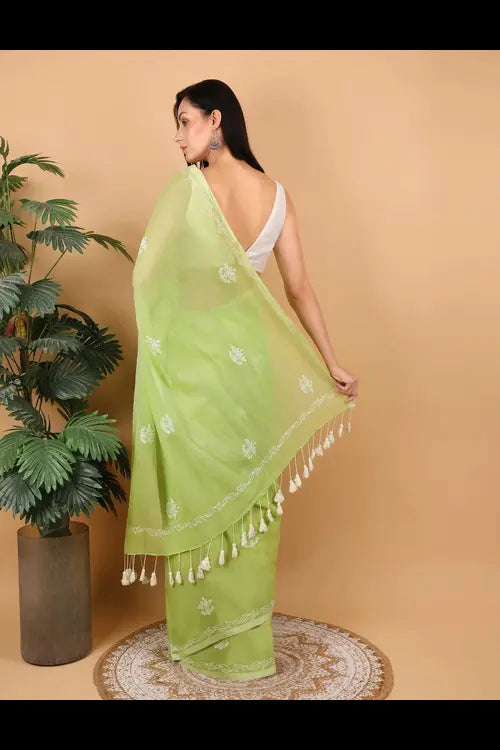 Shwet Women Green Hand Embroidered Chikankari  Mulmul Saree