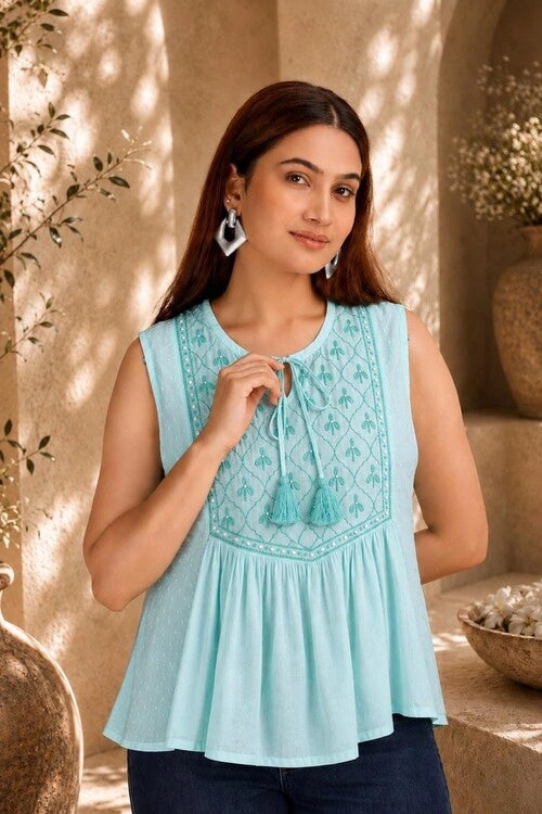 Shwet Women  Sky Blue   Chikankari Sleevless  Yoke Top