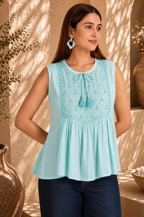 Shwet Women  Sky Blue   Chikankari Sleevless  Yoke Top