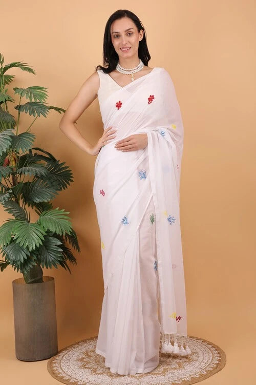 Shwet Women White Hand Embroidered Chikankari  Mulmul Saree