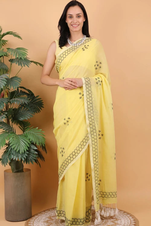 Shwet Women Yellow  Hand Embroidered Chikankari  Mulmul Saree