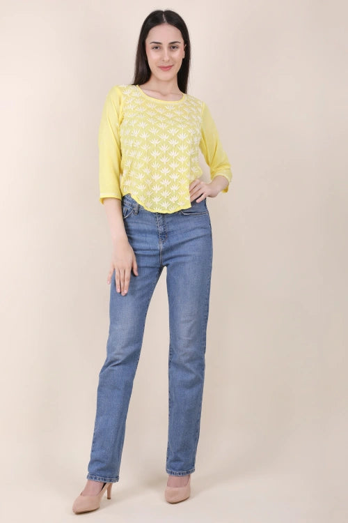 Shwet Women Hand Embroidered "Pastel Poise" Yellow Short Top
