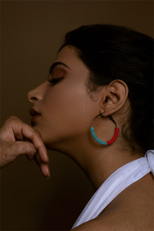 Melo Studio Yin Yang Teal-Red Hand Beaded Hoop Earrings