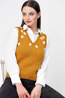 Ajoobaa Handknitted "Floral Embroidered" Sweater Vest - Mustard