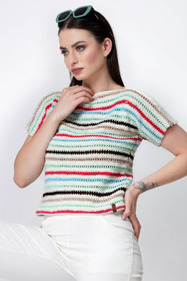 Ajoobaa "Multicolored" Crochet Striped Sweater - Multi