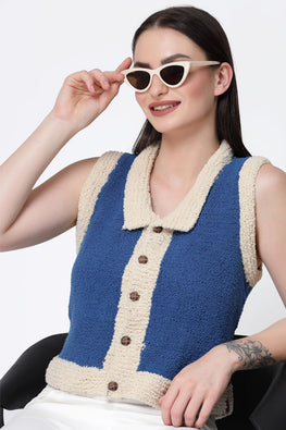 Ajoobaa Crochet Self Design "Faux Fur" Sweater Vest  - Blue