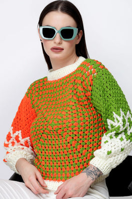 Ajoobaa Crochet "Oversized" Self Design Sweater - Green