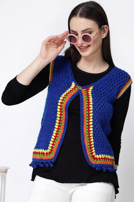 Ajoobaa Crochet "Flat Granny Stitch" Women'S Sweater - Blue