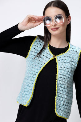 Ajoobaa Crochet "Self Design" Half Sweater For Women - Blue