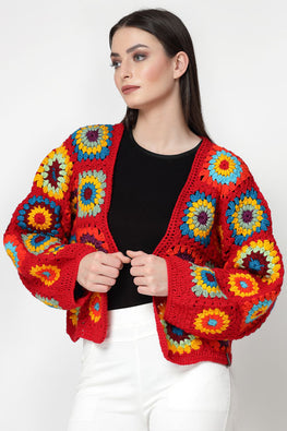 Ajoobaa Crochet "Oversized" Granny Square  Sweater- Red
