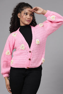 Ajoobaa "Floral" Applique Baggy Sweater-Pink