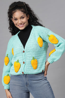 Ajoobaa "Strawberry" Applique Baggy Sweater-Green