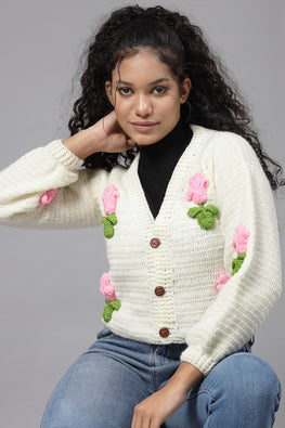 Ajoobaa "Floral" Applique Baggy Sweater-Offwhite