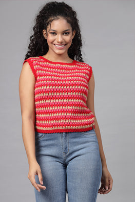 Ajoobaa "Double Stitch" Crochet Sleeveless Sweater-Red