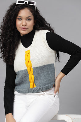 Ajoobaa "Cable Knit" Handknitted Sleeveless Sweater-Offwhite