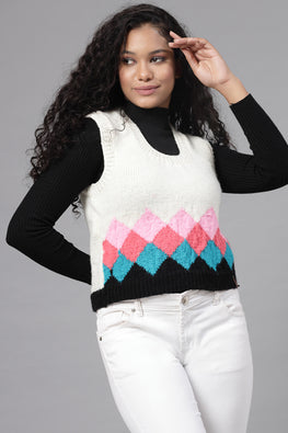 Ajoobaa "Geometrical" Handknitted Sleeveless Sweater-Offwhite