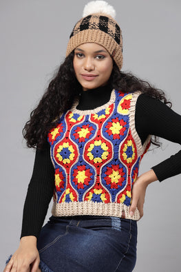 Ajoobaa "Hexagonal" Granny Square Sweater Vest- Multi