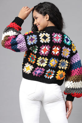 Ajoobaa " Baggy" Puffed Sleeve Crochet Sweater-Black