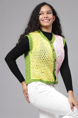 Ajoobaa "Color Block" Crochet Front Openable Sweater-Green