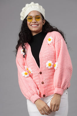 Ajoobaa " Floral" Applique Baggy Sweater-Peach