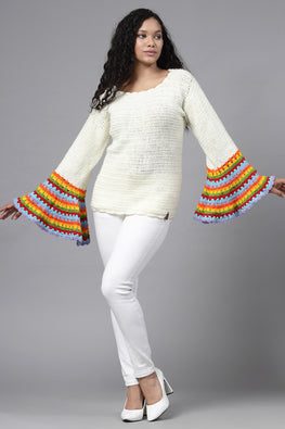 Ajoobaa "Flared Sleeve" Crochet Sweater- Offwhite