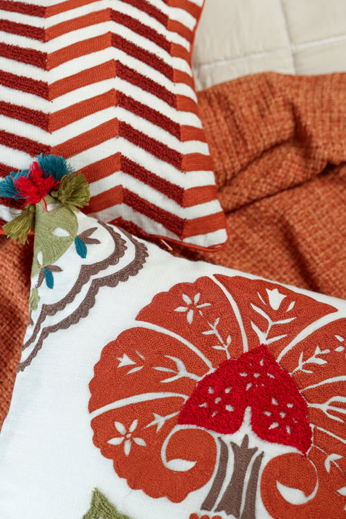 Lahar Hand Embroidered Cushion-Rust