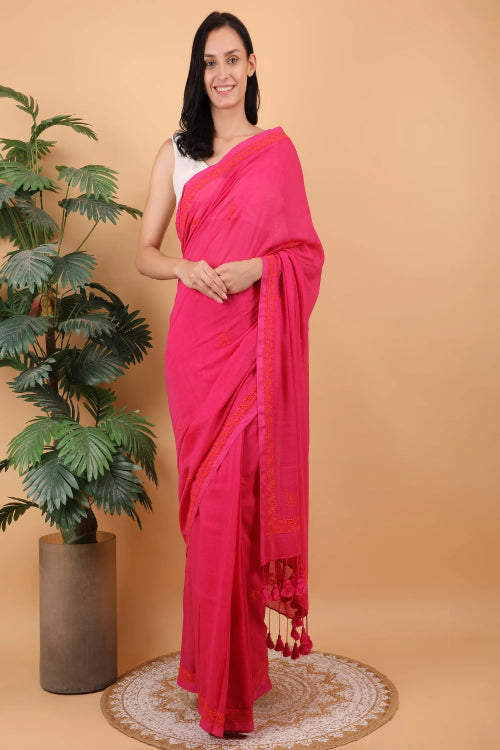 Shwet Women Mgenta Pink Hand Embroidered Chikankari Mulmul Saree