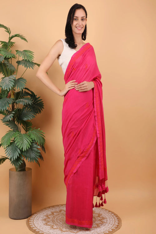 Shwet Women Mgenta Pink Hand Embroidered Chikankari Mulmul Saree