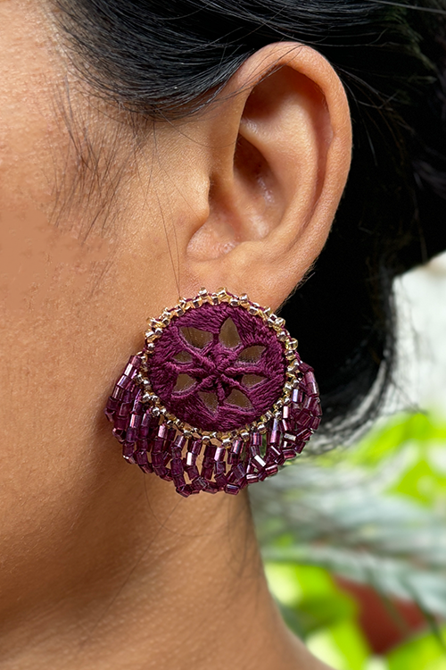 Antarang- Jamun Phool (Wine), Bead Jumki Earing,  100% Cotton.  Hand Made By Divyang Rural Women.