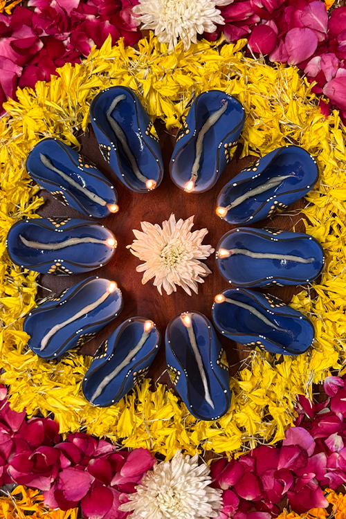 Antarang - Terracotta- Handpainted- Blue, Chapti Diya Set Of 10