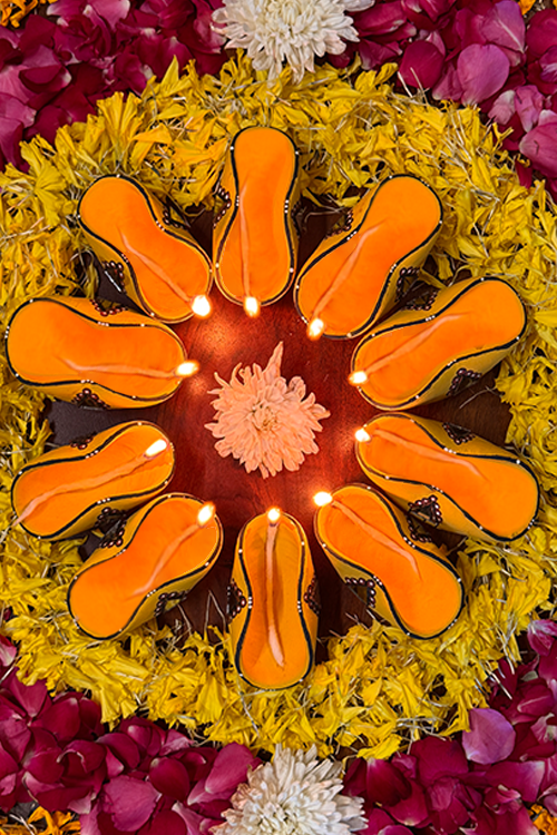 Antarang - Terracotta- Handpainted - Yellow Chapti Diya Set Of 10