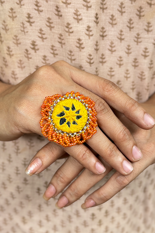 Antarang- Haldi Pushpa(Yellow-Orange), Bead Jumki Ring,  100% Cotton. Hand Made By Divyang Rural Women.