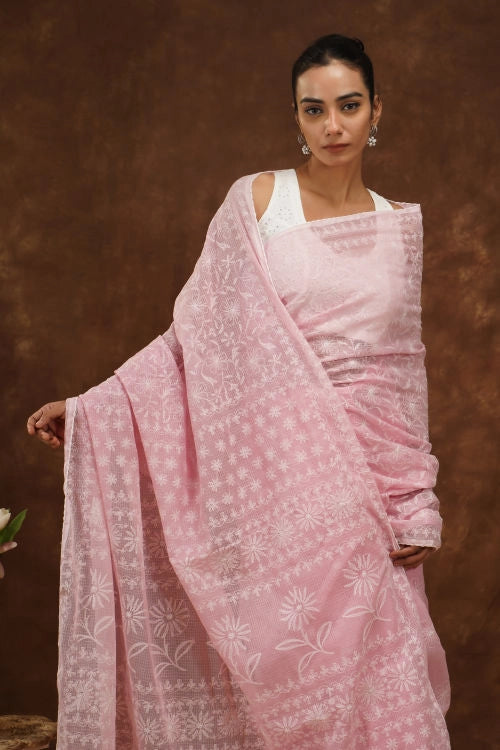 Shwet Women Hand Embroidered Baby Pink Kota Cotton Chikankari Saree