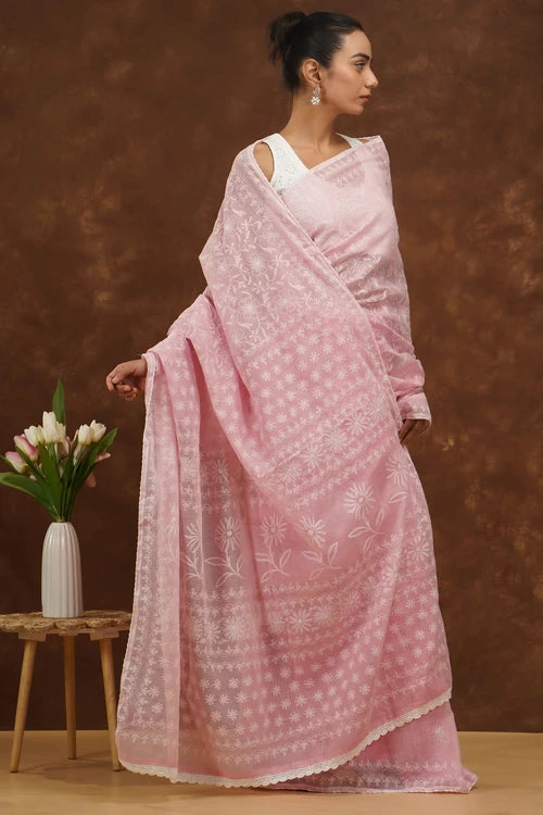 Shwet Women Hand Embroidered Baby Pink Kota Cotton Chikankari Saree