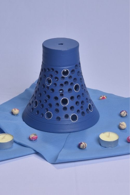 Antarang- Terracotta- Handcrafted- Blue Flower  Lampshade