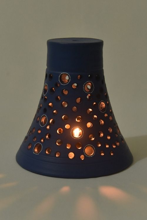 Antarang- Terracotta- Handcrafted- Blue Flower  Lampshade
