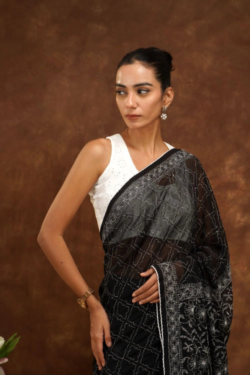 Shwet Women Hand Embroidered Black Cotton Chikankari Saree