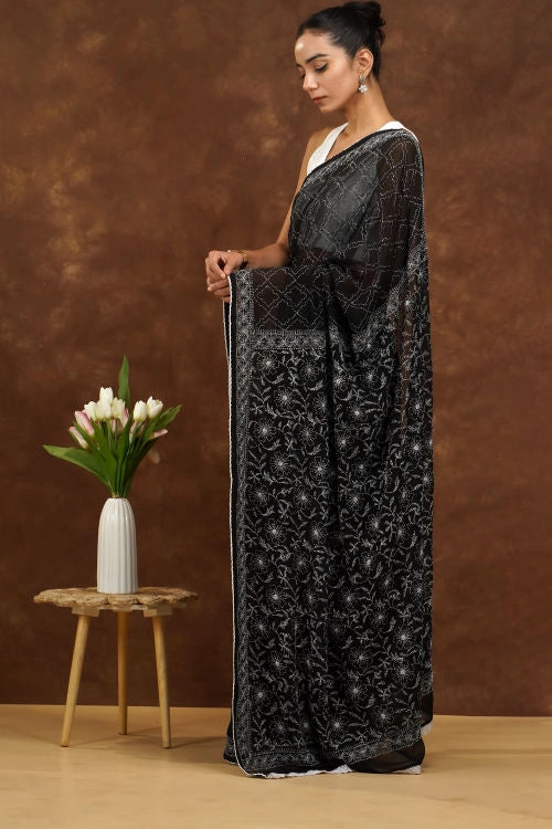 Shwet Women Hand Embroidered Black Cotton Chikankari Saree