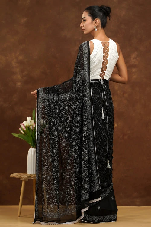 Shwet Women Hand Embroidered Black Georgette Chikankari Saree