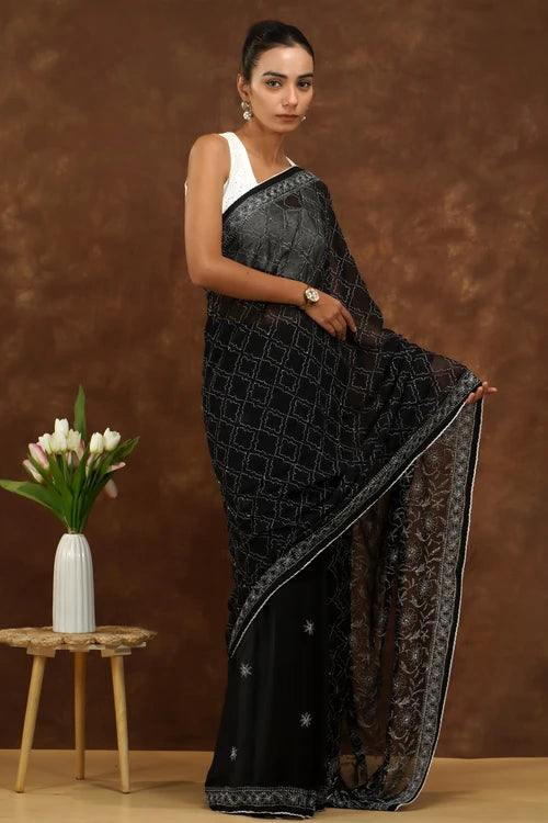 Shwet Women Hand Embroidered Black Georgette Chikankari Saree