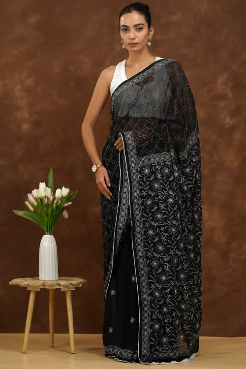 Shwet Women Hand Embroidered Black Georgette Chikankari Saree