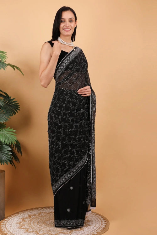Shwet Women Hand Embroidered Black Cotton Chikankari Saree